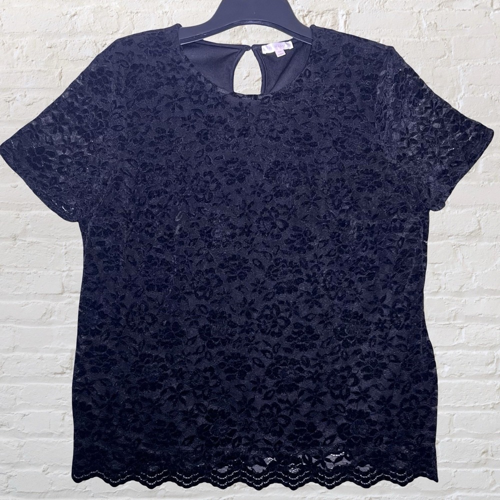 Teddi Rose Black Velvet Lace Blouse Lined Short Sleeve 2XL Floral Whimsigoth Y2K